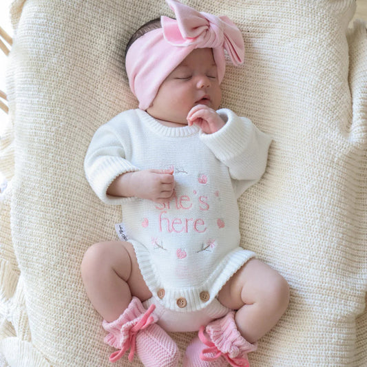 She’s Here Announcement Romper - Strawberry/Milk *MARCH PRE-ORDER