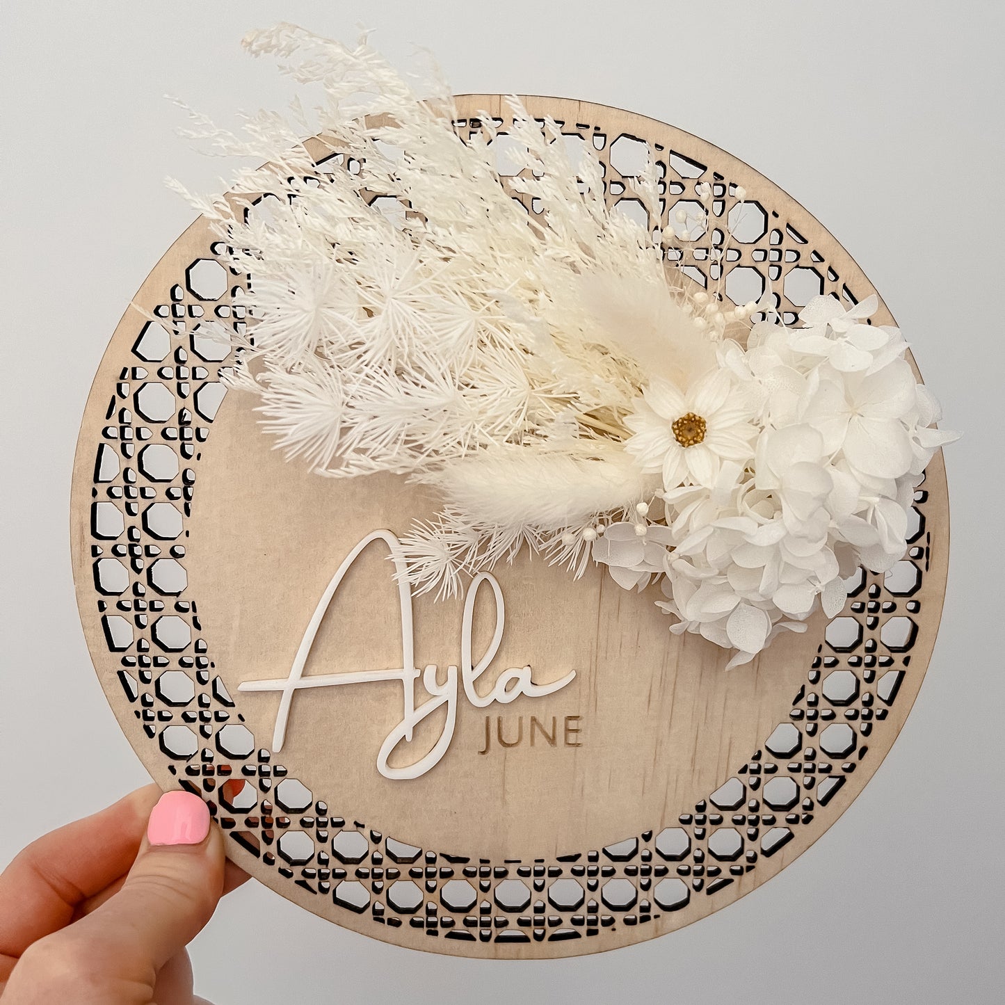 Wooden Rattan Look Name/Announcement Plaque w/ mini Posy