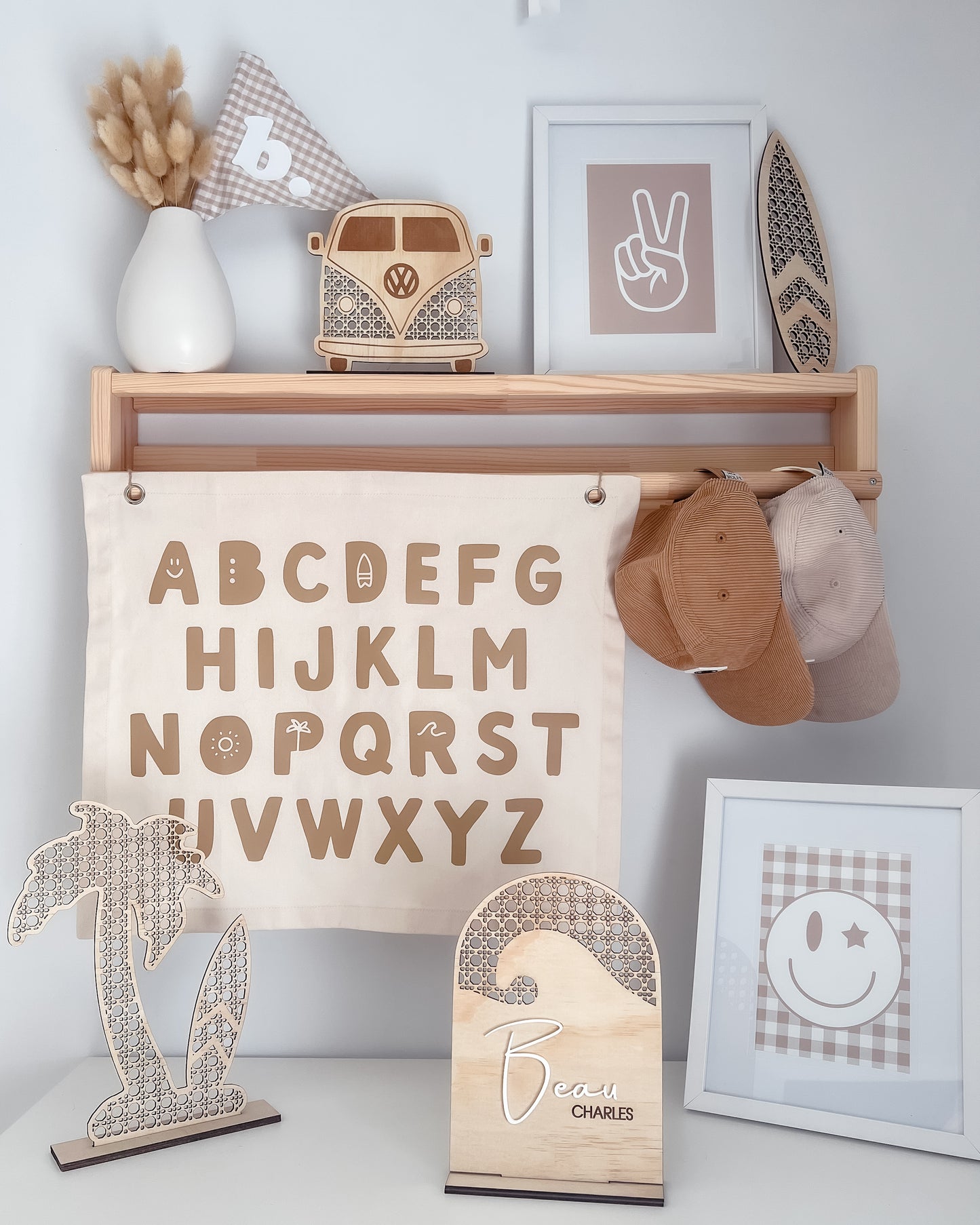 Wooden Rattan Look Wave Name Sign w/ stand