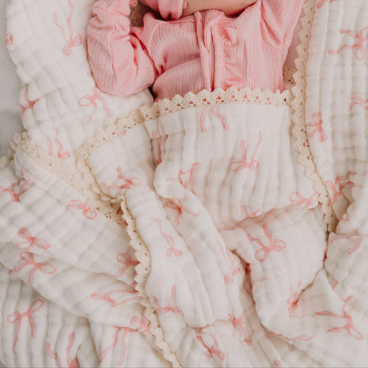 Gauze Lace Blanket - Pink Bows