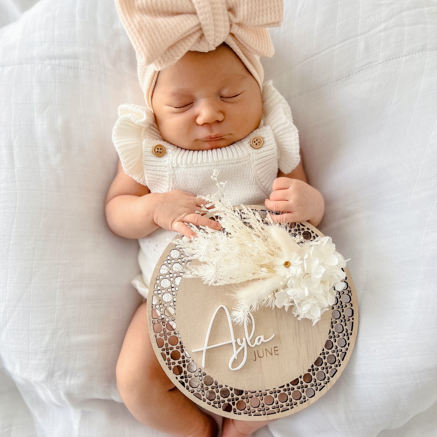 Wooden Rattan Look Name/Announcement Plaque w/ mini Posy