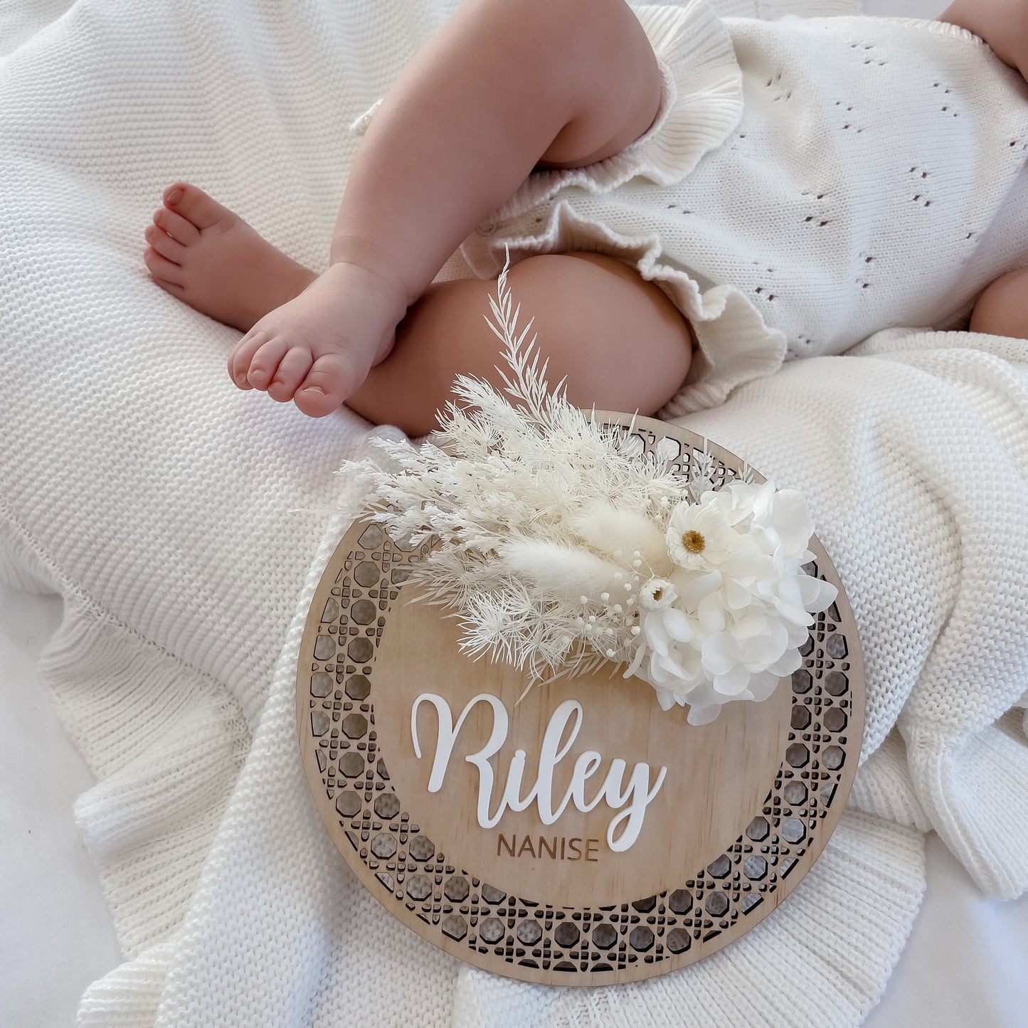 Wooden Rattan Look Name/Announcement Plaque w/ mini Posy