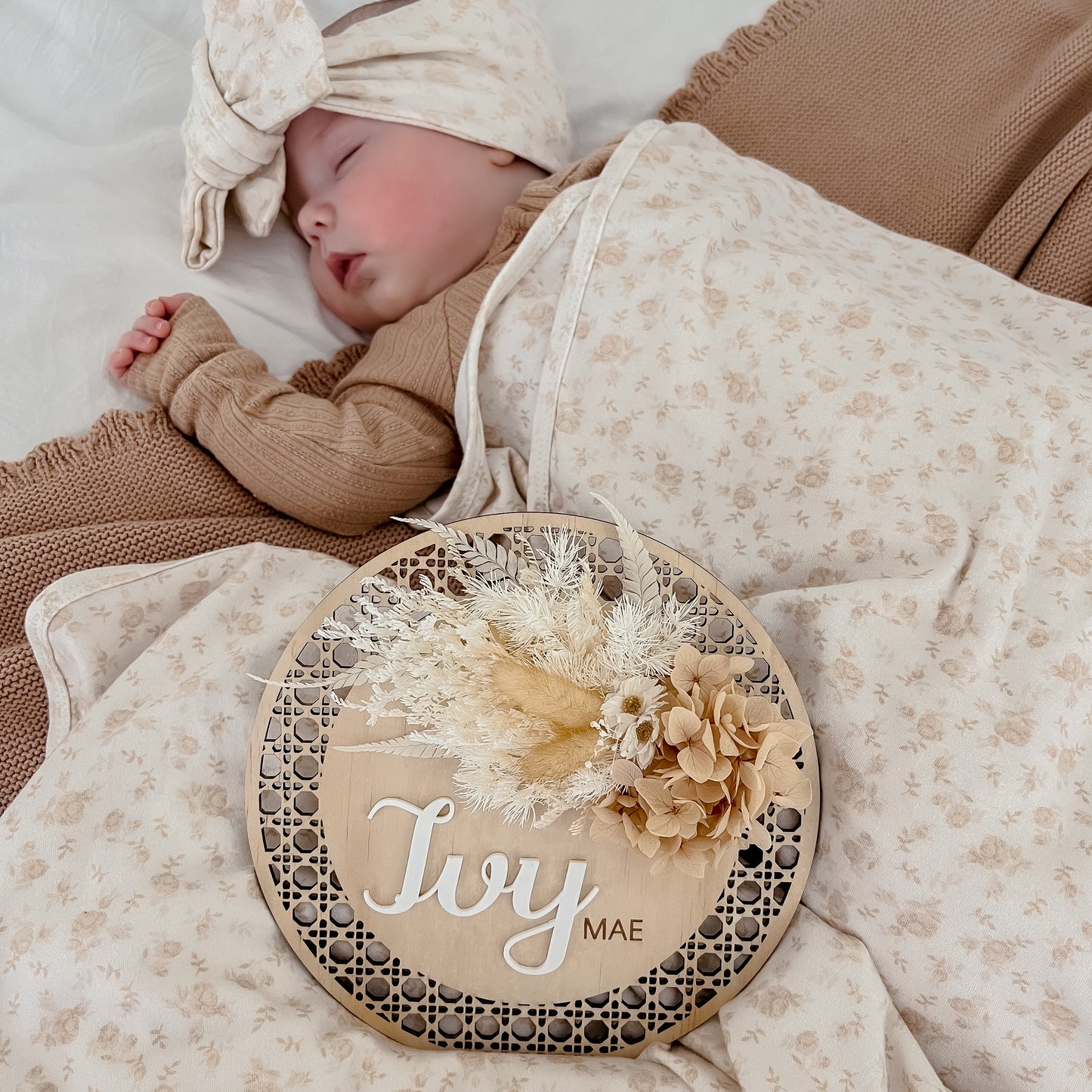 Wooden Rattan Look Name/Announcement Plaque w/ mini Posy